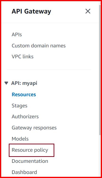 Picture showing the Resource policy option in API gateway menu